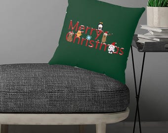 Dark Green Merry Christmas Pillow Cover, Holiday Home Decor