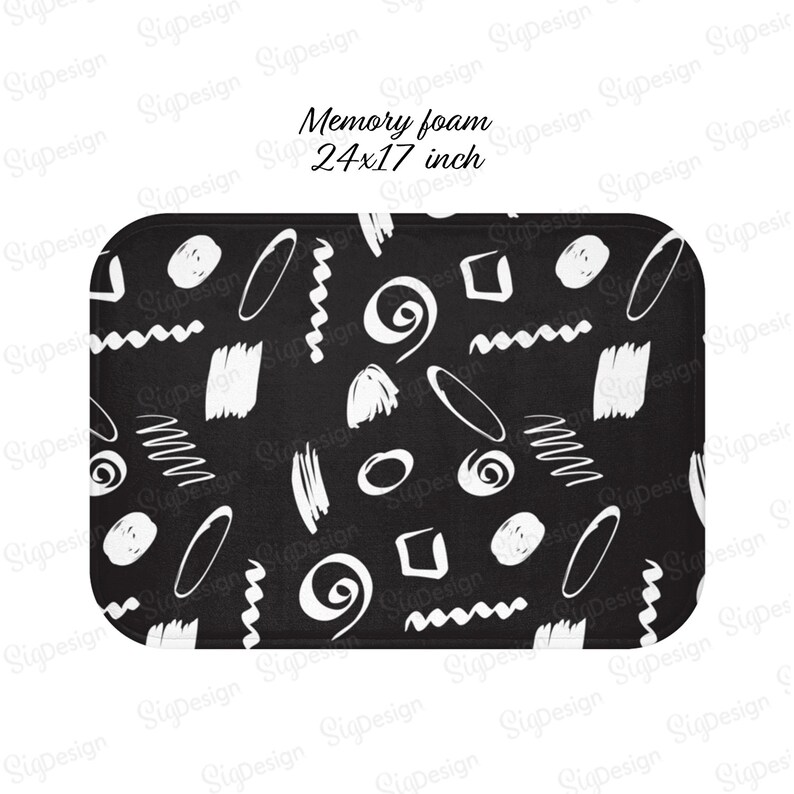 Black White Kitchen Floor Mat Hand Drawn Abstract Shapes Etsy