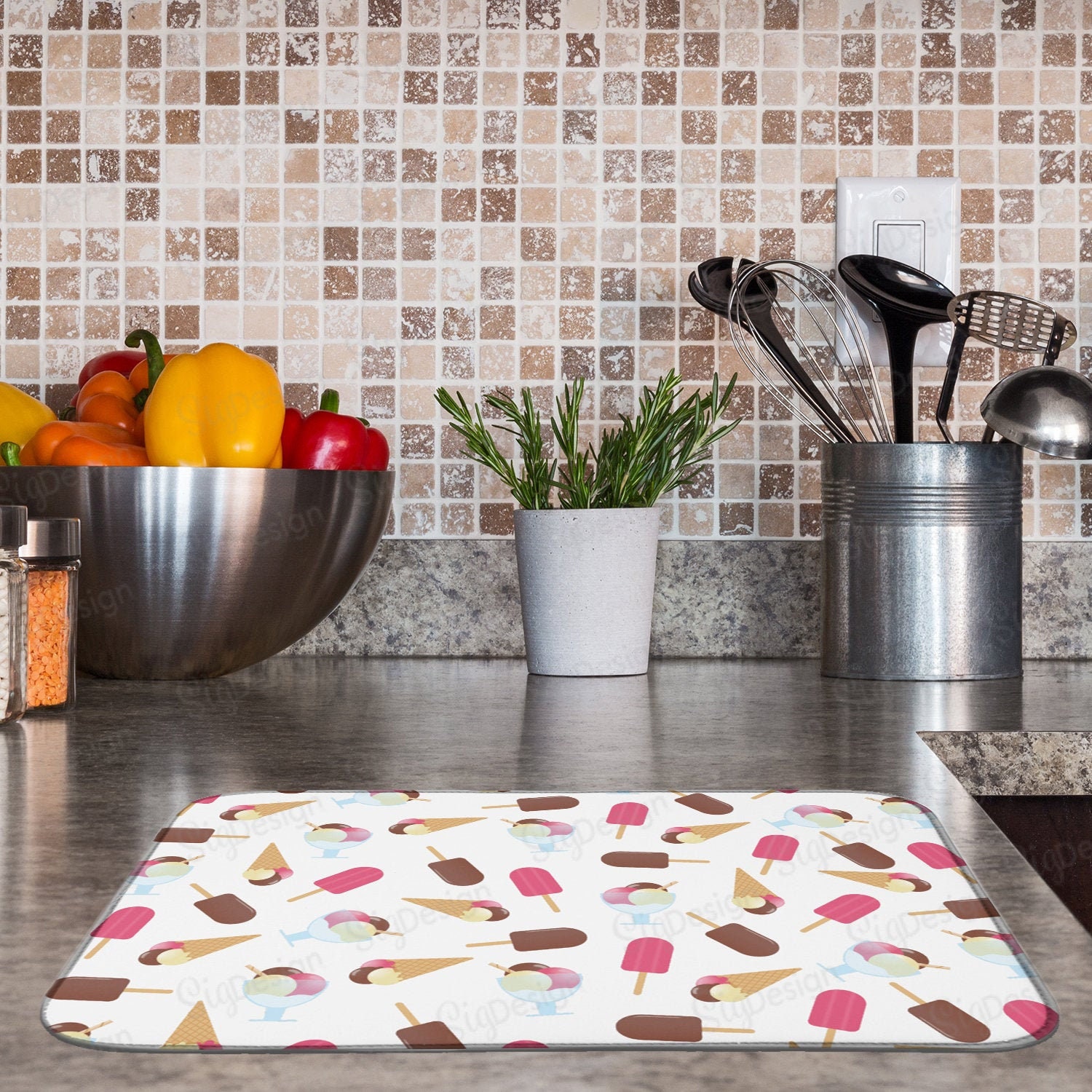 Ice Cream Dish Drying Mat, Pink, Brown and Yellow Kitchen Counter