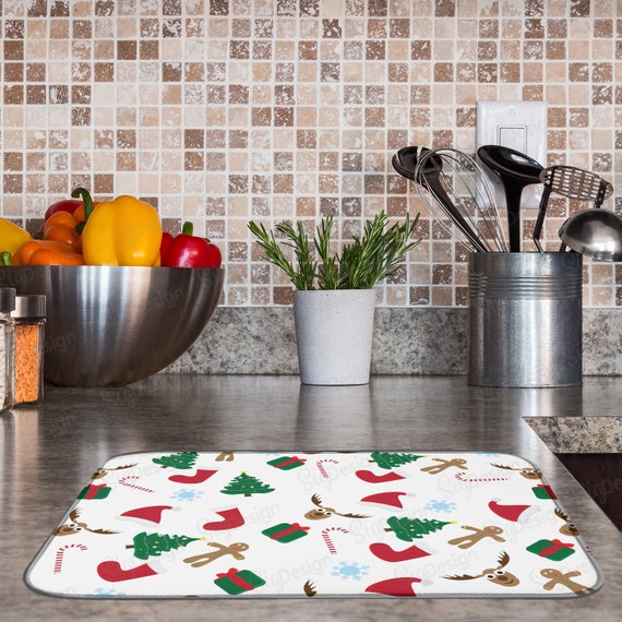 Colorful Christmas Dish Drying Mat Fun Christmas Elements Print on Water Absorbent Dish Mat Holidays Kitchen Counter Decor Etsy