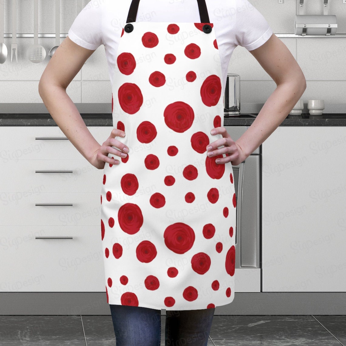 Apron-Black red white flowers and orange dots main image 1
