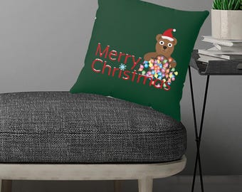 Christmas Bear Pillow, Green Holiday Decor, Kids Room