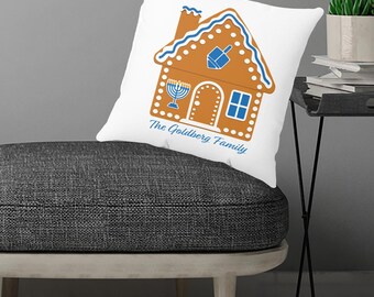Custom Hanukkah Gingerbread House Pillow, Personalized Family Name, Dreidel and Menorah Decor