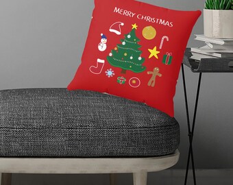 Christmas Tree Pillow, Red Holiday Decor, Gingerbread, Snowman