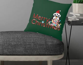 Fun Christmas room decor, Kids pillow with cute Penguin and Christmas lights, Green pillow or pillow cover, Holiday Hostess Gift, 4 Sizes