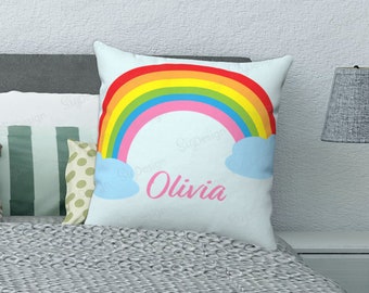 Personalized Rainbow Pillow, White or Light Blue Throw Pillow with Colorful Rainbow and Text - Pillow case or Pillow with insert, 4 Sizes