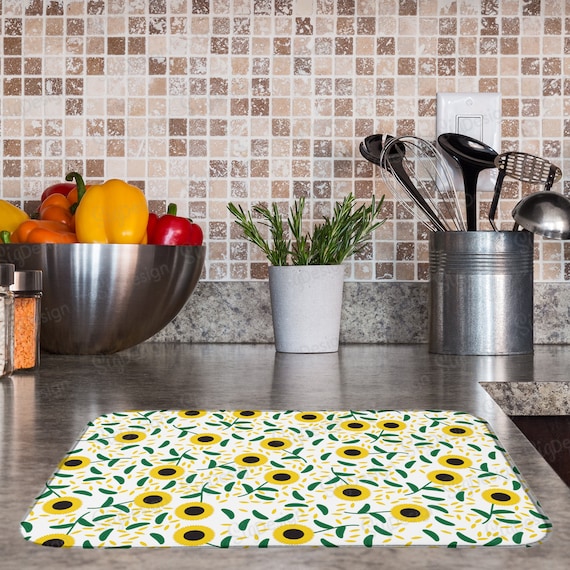 Sunflowers and Leaves Dish Drying Mat, Yellow Green Sunflowers