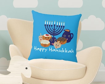 Blue Hanukkah Pillow for Kids Decor | Cute Menorah, Donuts & Dreidels Throw Pillow or Pillowcase | Jewish Holiday Gift, 4 Sizes