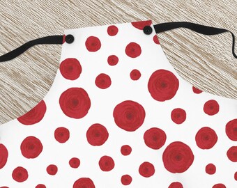 Red roses apron, White apron with Red flowers print, Floral kitchen apron with black stripes and buttons, one size