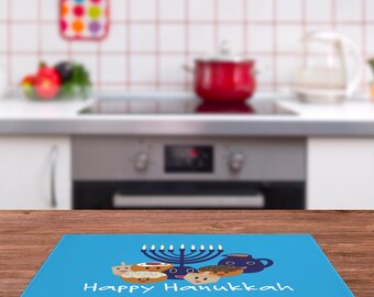 Funny Hanukkah Placemat for Kids | Donut Sufganiyot & Dreidel Chanukah Table Decor | Fabric Mat or Set of 2/3/4 | can be personalized