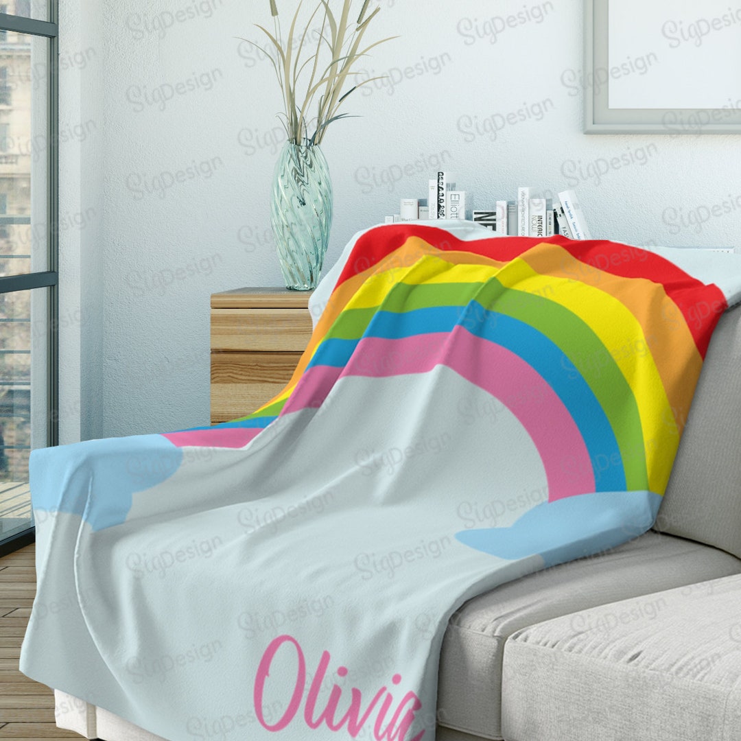 Personalized Rainbow Blanket White or Light Blue Throw - Etsy