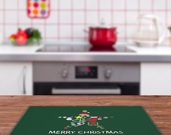 Dark Green Christmas Placemat Set, Holiday Star Cotton Table Decor