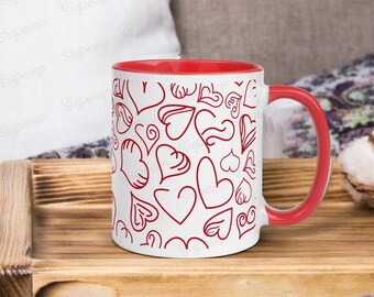 Red White Hearts Mug, 11oz / 15oz White ceramic mug or 11oz mug with Red color inside with Hand drawn hearts print, Valentine's day mug