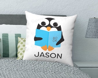 Personalized Penguin Throw Pillow, Cute Penguin Reading a Book- book lover pillow gift with name, Pillow with Insert or Pillowcase - 4 Sizes