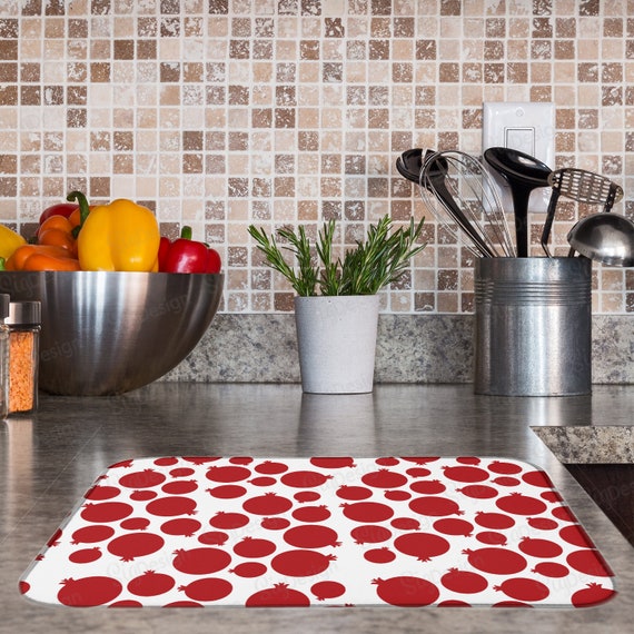 Red and White Pomegranate Dish Drying Mat, Pomegranate Kitchen