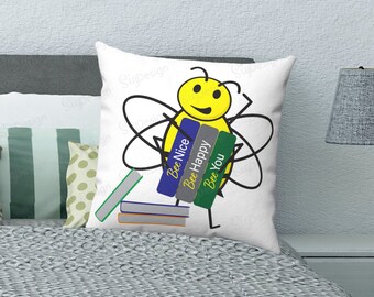 Bee with Books Throw Pillow, Inspirational Quote Print