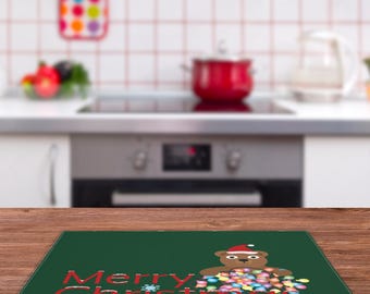 Personalized Christmas Placemat, Cute Bear, Green Cotton Kids Table Mat