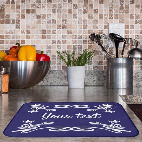 Personalized Dish Drying Mat, Vintage Style Blue Kitchen Counter Decor,  Colorful Water Absorbent Dish Mat With Your Own Text, 15 Colors 