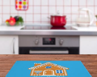 Hanukkah Gingerbread House and Menorah Placemat | Chanukkah Fabric Mat or Set of 2 / 3 / 4 | Blue White Judaica Dining Table Decor