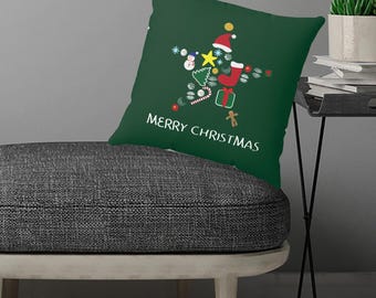 Merry Christmas Throw Pillow, Dark Green Holiday Star Cushion, Whimsical Christmas Icons Home Decor, Festive Xmas Gift, 4 sizes