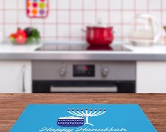 Modern Hanukkah Placemat, Blue White Chanukah Dining Table Decor, Menorah And Mug Fabric Dinner Mat Gift | Placemat or Set of 2 / 3 / 4