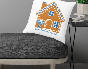 Custom Hanukkah Gingerbread House Pillow, Personalized Family Name Menorah Decor