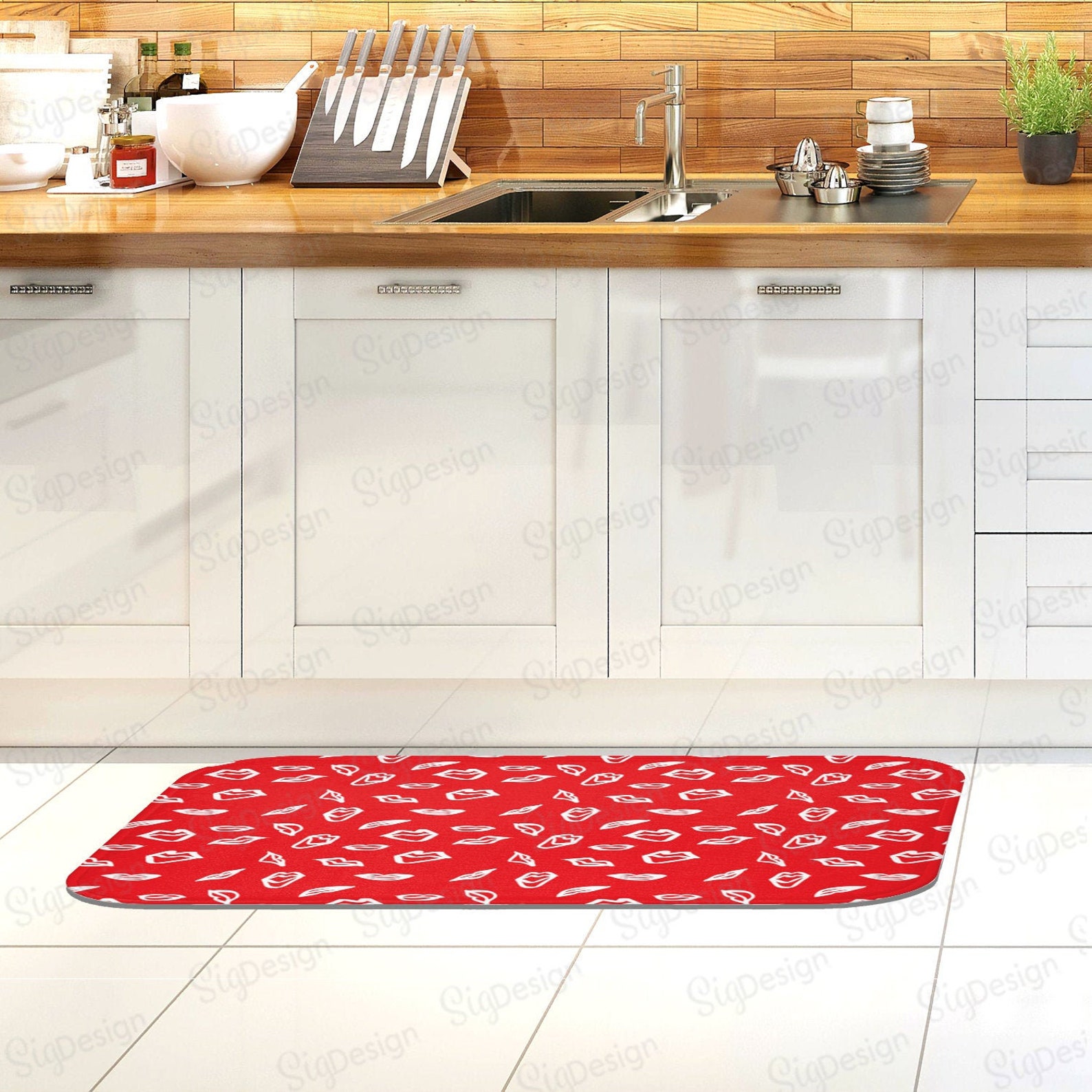 Red White Lips Kitchen Floor Mat Hand Drawn Lips Pattern Etsy