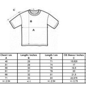 May include: A white t-shirt diagram with size specifications. The chart includes chest and length measurements in inches and centimeters, along with sleeve dimensions. The brand logo "GILDAN" is visible.