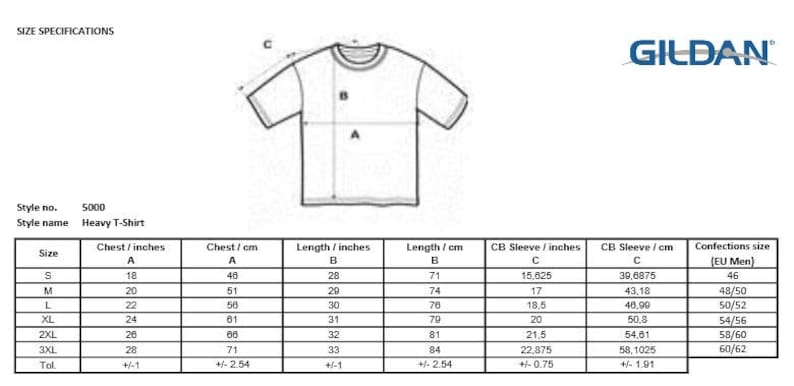 May include: A white t-shirt diagram with size specifications. The chart includes chest and length measurements in inches and centimeters, along with sleeve dimensions. The brand logo "GILDAN" is visible.