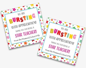 Printable Bursting With Appreciation Gift Tag, Starburst Teacher Appreciation Thank You Tag, Personalized Tag for Teacher (Instant Download)