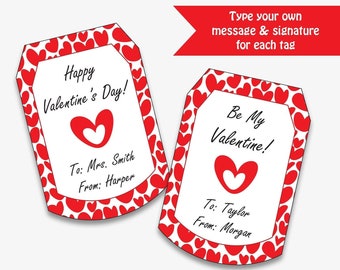 Valentines Day Heart Stickers for Kids' Classroom Printable Valentine Labels  for School, Personalized Treat Bag Tags instant Download 