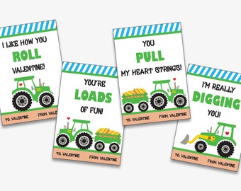 Tractor Valentine Cards for Kids, Printable Valentine's Day Tractor Cards, Editable Classroom cards or tags for School (Instant Download)