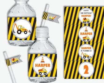 Construction Water Bottle Labels - Printable Construction Party Decorations, Construction First Birthday Party Supplies (Instant Download)