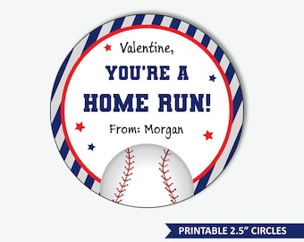 Baseball Valentine Tags or Stickers for School - Kids Printable Valentines Day Tags, Editable Personalized Classroom Tags (Instant Download)
