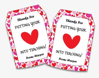 Pink Heart Teacher Appreciation Thank You Labels - Printable Teacher Appreciation Tag, Personalized Teacher Gift Tags (Instant Download)