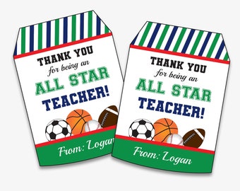 All Stars Teacher Appreciation Thank You Tag - Printable Coach Thank You Labels, MVP Sport Teacher Appreciation Gift Tag (Instant Download)