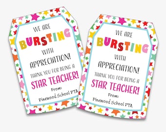 Bursting With Appreciation Tag, Printable Teacher Appreciation Thank You Tag, Personalized Starburst Gift Tag for Teacher (Instant Download)