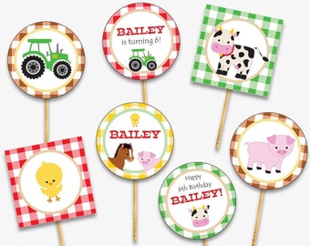 Farm Birthday Cupcake Toppers - Printable Barnyard Party Cupcake Toppers, Farm Party Toppers & Wrappers, Farm Theme Decor (Instant Download)