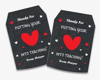 Heart Teacher Appreciation Gift Tag - Printable Teacher Appreciation Thank You Tag, Personalized Teacher Gift Label (Instant Download)