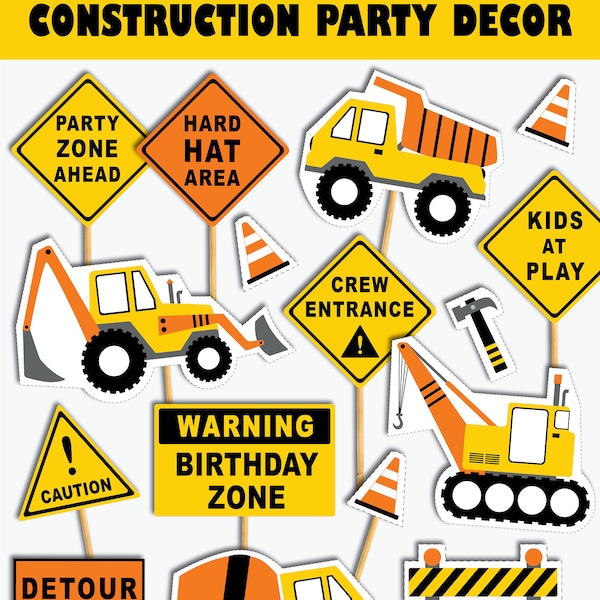 Construction Birthday Decoration, Printable Construction Party Signs, Construction Birthday Centerpieces and Cake Toppers (Instant Download)