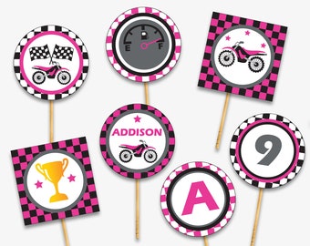 Dirt Bike Cupcake Toppers - Printable Motocross Party Toppers, Motorcycle Birthday Decorations for a Pink Dirt Bike Party (Instant Download)