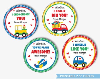 Airplane, Car, Truck, Train Valentines Day Stickers for Kids, Printable Transportation Valentine Tag, Personalized  Label (Instant Download)