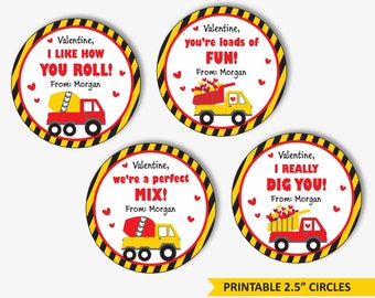 Dump Truck Valentines Day Stickers for Kids - Printable Construction Valentine Tags for School, Personalized Class Labels (Instant Download)