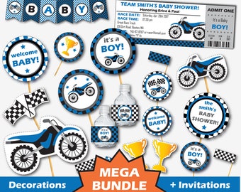 Dirt Bike Baby Shower Decorations and Invitations - Printable Motocross Baby Shower, Motorcycle Decorations (Instant Download Editable PDF)