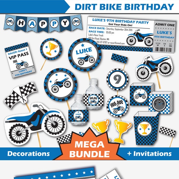 Dirt Bike Birthday Decorations and Invitations - Printable Motocross Invitation and Motorcycle Decorations (Instant Download Editable PDF)