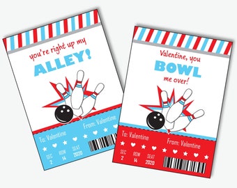 Bowling Valentine's Day Cards for Kids - Printable Valentines Day Classroom Cards Template, Editable Kids Valentine Tags (Instant Download)