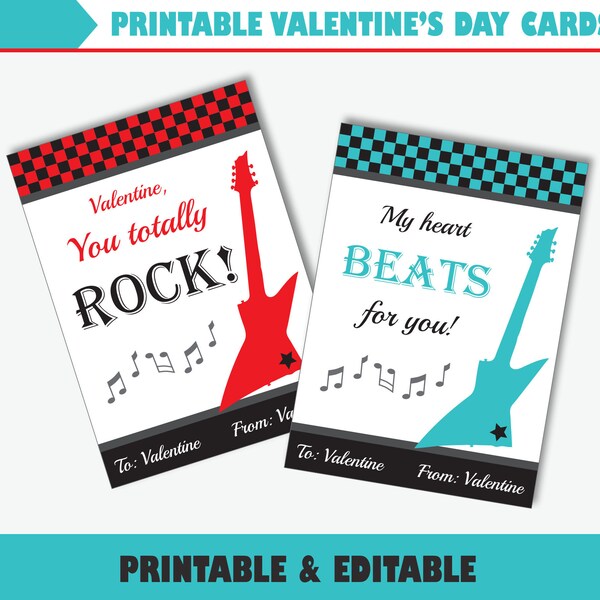 Guitar Valentine's Day Cards for Kids - Printable Music Valentine's Day Cards Template, Editable School Valentine Tag (Instant Download)
