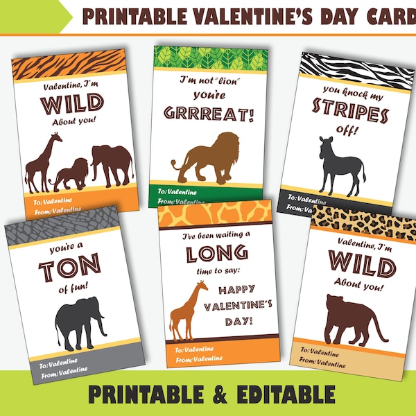 Safari Valentine Cards for Kids - Printable Wild Animal Valentine's Day Classroom Cards Template, Editable School Tag (Instant Download)