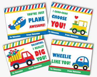 Transportation Valentine's Day Classroom Cards - Printable Kids Valentine Cards for School, Editable Valentine Template (Instant Download)