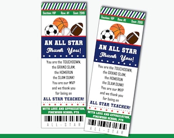 All Star Teacher Appreciation Thank You Card - Printable Sports Coach Thank You Card, MVP Teacher Personalized Card (Instant Download PDF)